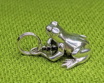 May include: A silver charm in the shape of a frog with a loop for attaching to a bracelet or necklace.
