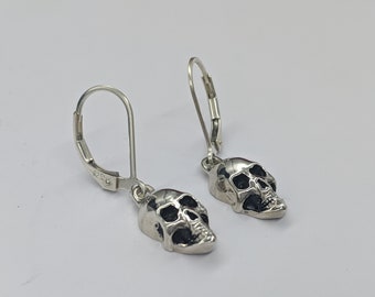 Silver Skull Earrings - Spooky Earrings - Tiny Skull Earrings - Rockability Earrings - Skull Earring Dangle - Skull Lovers Gift