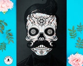 Blank Card Black White Sugar Skull Retro Mustache Hipster Day of the Dead Colorful Dia de los Muertos Greeting Card