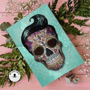 Blank Card Sugar Skull Retro Hipster Day of the Dead Colorful Dia de los Muertos Rockabilly Greeting Card