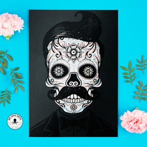 Blank Card Black & White Sugar Skull Retro Mustache Hipster Day of the Dead Colorful Dia de los Muertos Greeting Card