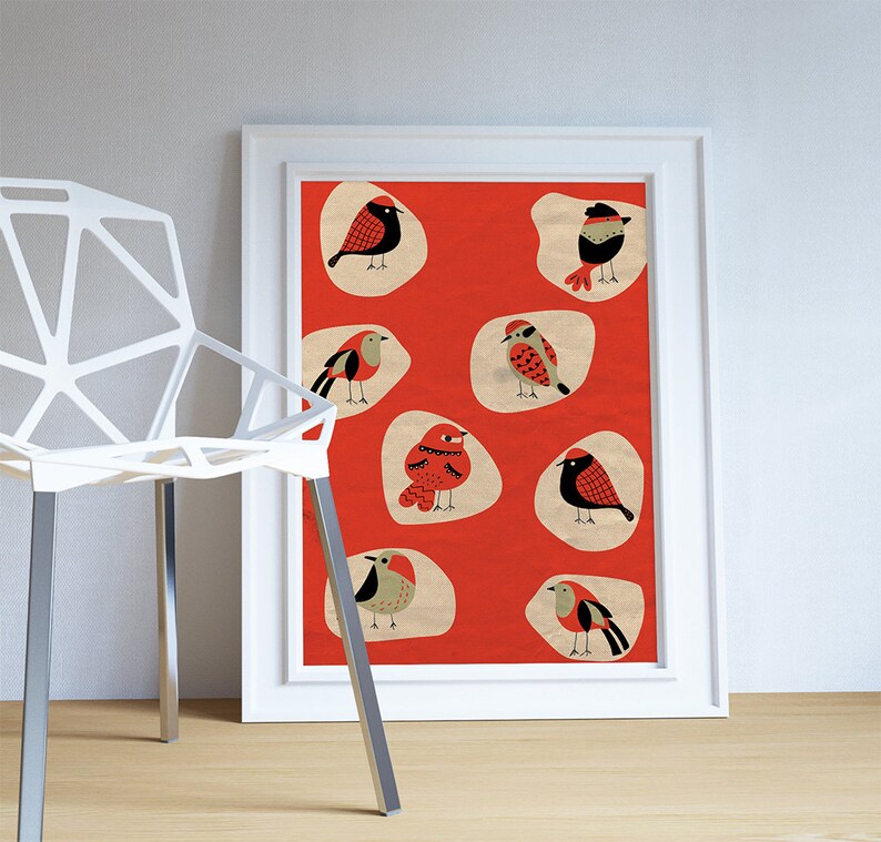 Mid Century Modern Print Birds Vintage Retro Abstract Art Etsy
