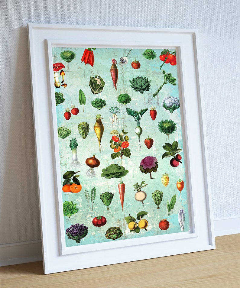 Kitchen Print Kitchen Decor Fruit & Vegetables Art Rustic Etsy