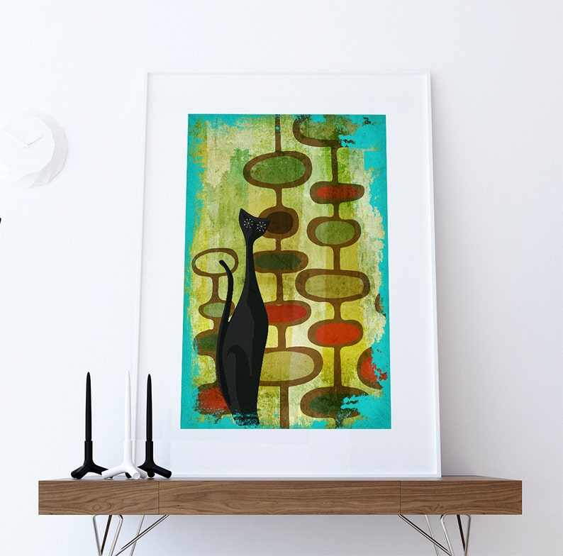 Mid Century Modern Print Cats Abstract Art Print Poster Giclee on Cotton Canvas and Satin Photo Paper