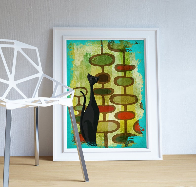 Mid Century Modern Print Cats Abstract Art Print Poster Giclee on Cotton Canvas and Satin Photo Paper