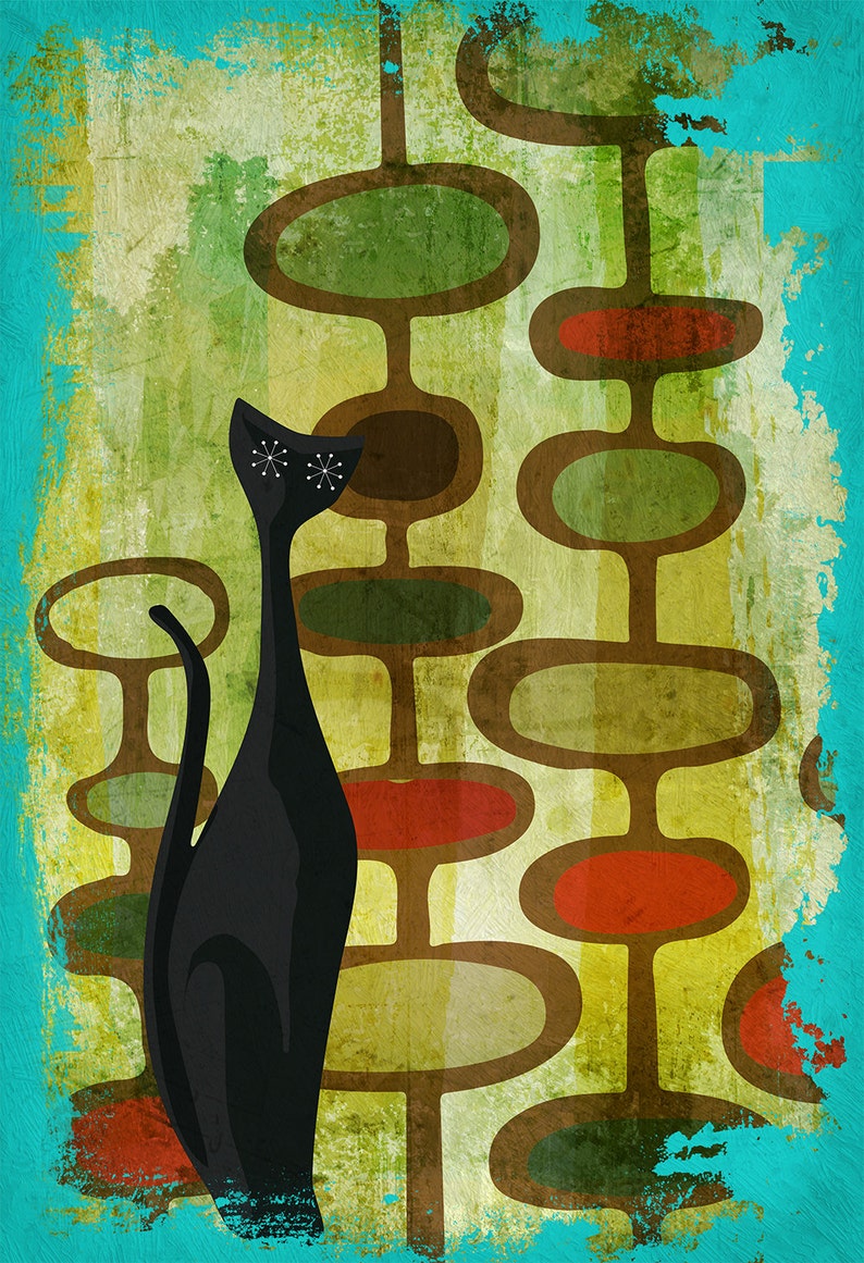 Mid Century Modern Print Cats Abstract Art Print Poster Giclee on Cotton Canvas and Satin Photo Paper