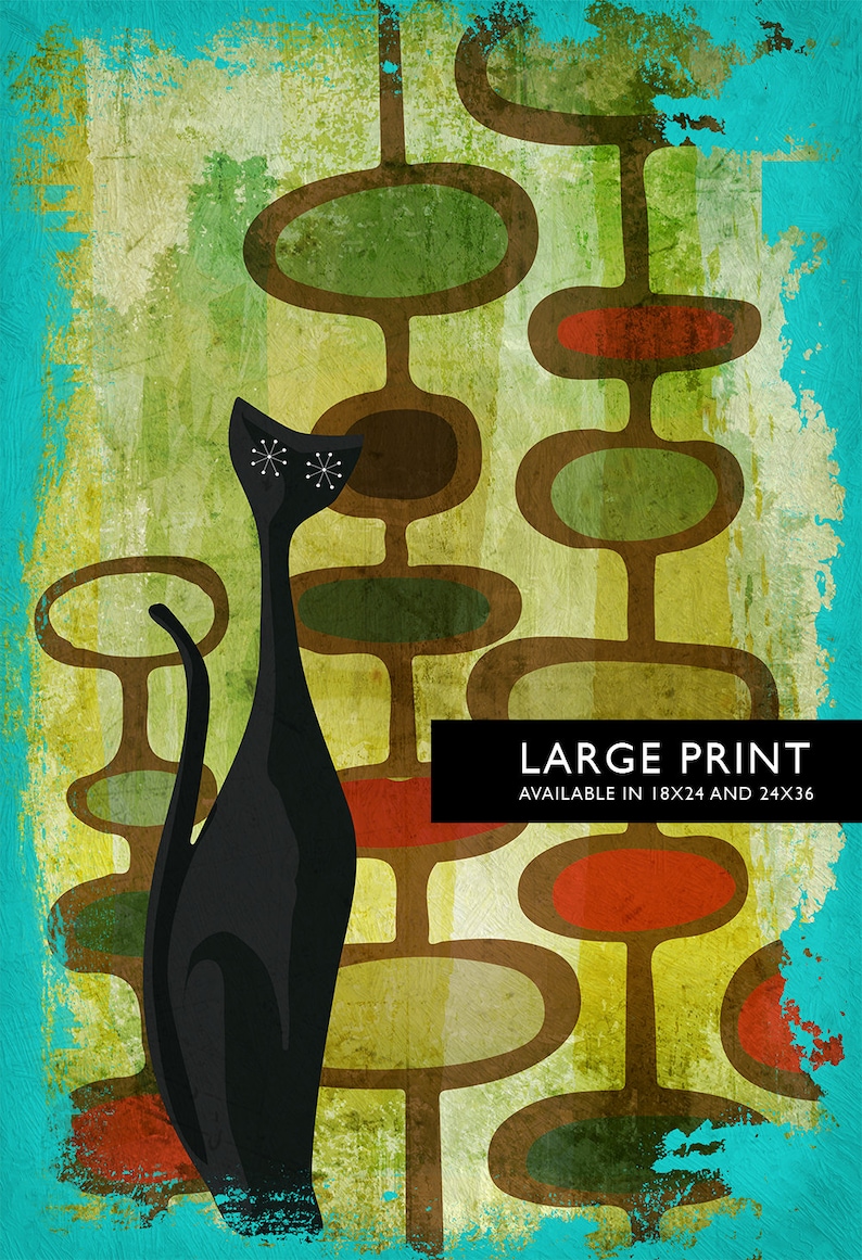Mid Century Modern Print Cats Abstract Art Print Poster Giclee on Cotton Canvas and Satin Photo Paper