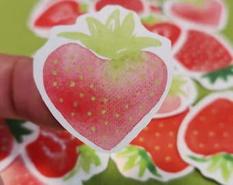 Puede incluir: Una colección de pegatinas de fresas. Las pegatinas presentan un diseño de acuarela de una fresa roja con hojas verdes. Las fresas tienen pequeñas semillas amarillas y están sobre un fondo verde.