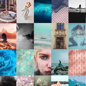 Op de afbeelding: Een collage van afbeeldingen met een zeemeermin-thema. De afbeeldingen omvatten een zeemeerminstaart, een zeemeermin die zwemt, een zeemeerminbeeld en een zeemeermin-thema koffiebeker. De collage bevat ook afbeeldingen van schelpen, oceaan golven en een zeemeermin-thema citaat.