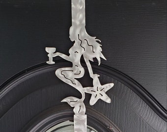 Wreath Hanger, Front Door Hanger Mermaid with Wine glass and starfish. Coastal Nautical theme. Use year round. Aluminum Won't Rust