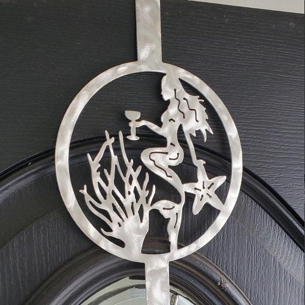 Wreath Hanger, Front Door Hanger Mermaid with Wine glass and starfish. Coastal Nautical theme. Use year round. Aluminum Won't Rust