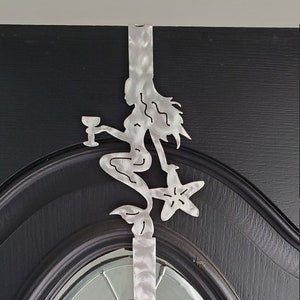 Wreath Hanger, Front Door Hanger Mermaid with Wine glass and starfish. Coastal Nautical theme. Use year round. Aluminum Won't Rust