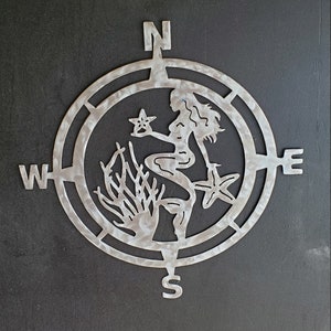Compass rose with Mermaid holding starfish with starfish & coral,Coastal nautical wall art. Aluminum Won&#39;t rust Available in several sizes.