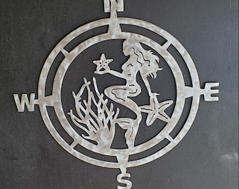 Rose des vents sirène en aluminium, oeuvre d'art murale nautique côtière
