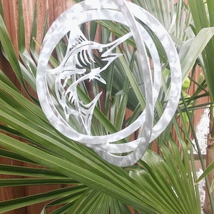 10&quot; Aluminum Marlin Wind Spinner yard art, Gift Nautical theme, ocean animals and fish beachy. Looks beautiful spinning in sunlight.