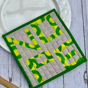 Quilted Pot Holder, Modern Pot Holder, Graphic Pot Holder, Word Quilt, Contemporary Kitchen