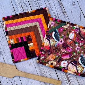 Gewatteerde pannenlappen, moderne pannenlappen, blokhutpannenlappen, heldere pannenlappen, moderne keuken