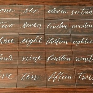 May include: Twenty clear acrylic table number cards with white calligraphy. The numbers one through twenty are written in cursive.
