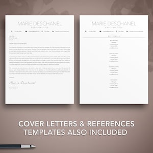 May include: A white resume template with a cover letter and references section. The template includes a professional headshot, contact information, and a section for work experience and skills. The text "COVER LETTERS & REFERENCES TEMPLATES ALSO INCLUDED" is at the bottom of the page.