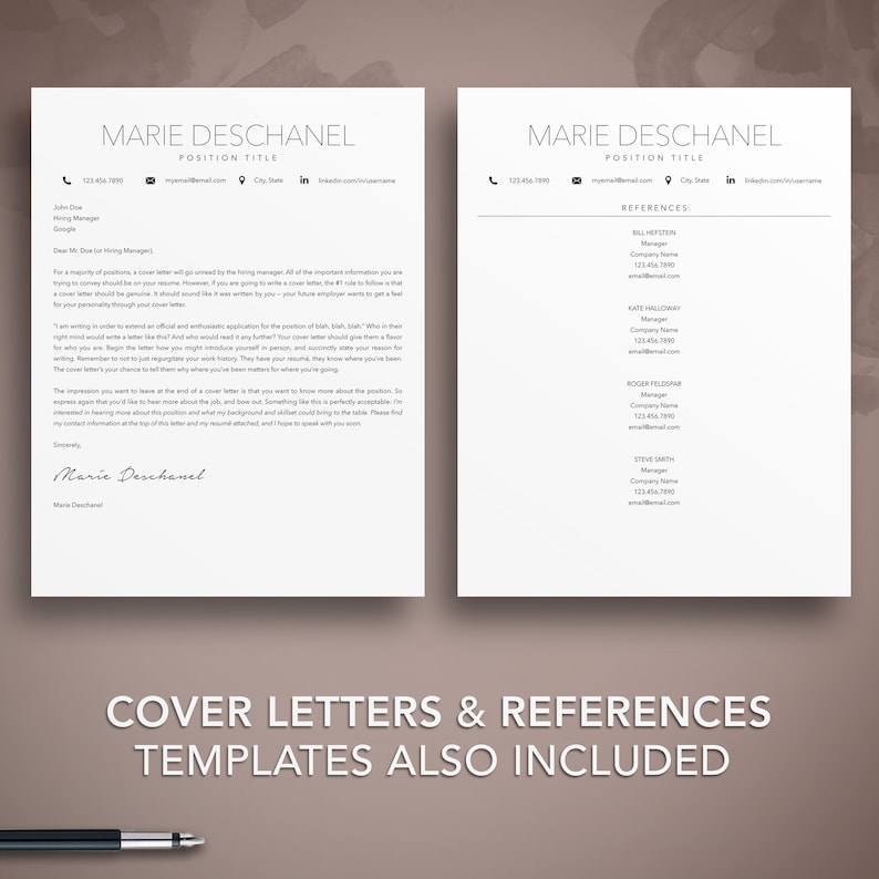 May include: A white resume template with a cover letter and references section. The template includes a professional headshot, contact information, and a section for work experience and skills. The text "COVER LETTERS & REFERENCES TEMPLATES ALSO INCLUDED" is at the bottom of the page.