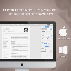 May include: A computer screen displays a resume template with the name "SARAH WILLIAMSON." The text "EASY TO EDIT! SIMPLY COPY IN YOUR INFO. UPLOAD TO JOB SITES SAME DAY!" is at the top. The Apple logo and the words "PAGES | WORD" are on the right.