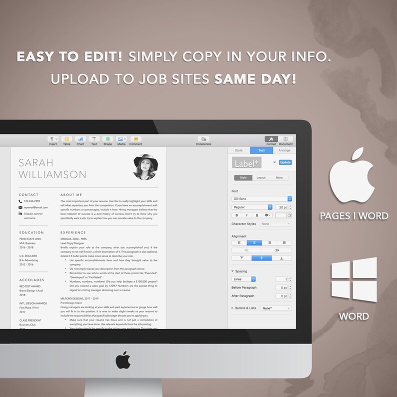 May include: A computer screen displays a resume template with the name "SARAH WILLIAMSON." The text "EASY TO EDIT! SIMPLY COPY IN YOUR INFO. UPLOAD TO JOB SITES SAME DAY!" is at the top. The Apple logo and the words "PAGES | WORD" are on the right.