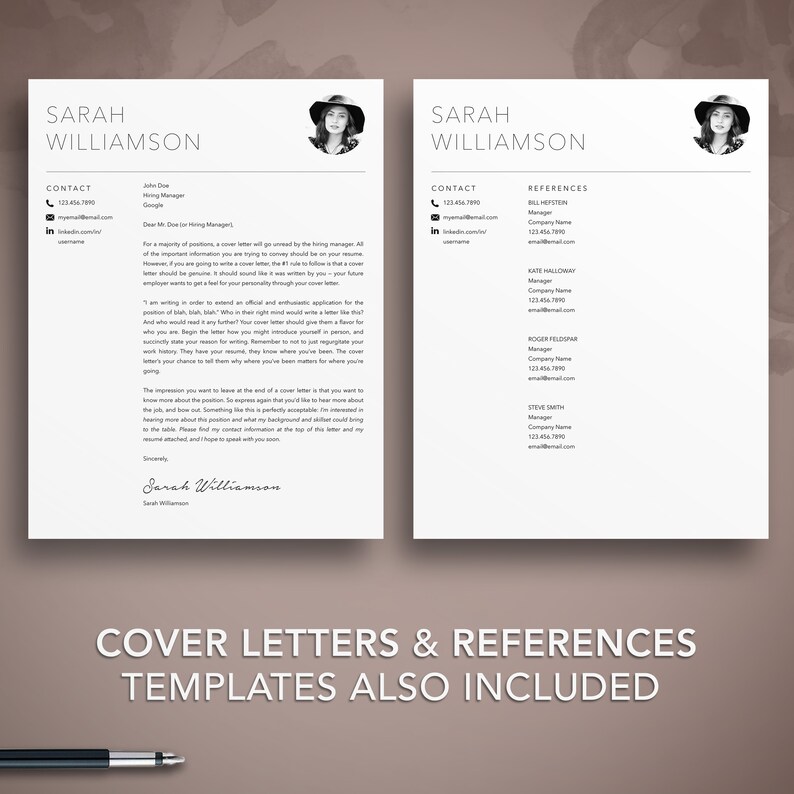 May include: Two-page resume template with a photo of Sarah Williamson. The left page includes contact information and a cover letter. The right page lists references. The text "COVER LETTERS & REFERENCES TEMPLATES ALSO INCLUDED" is at the bottom.