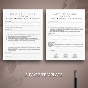 May include: A two-page resume template with a modern design. The resume is for Marie Deschanel and includes sections for about me, experience, education, and references. The template is designed to be easily customized and includes a 2-page template note at the bottom.