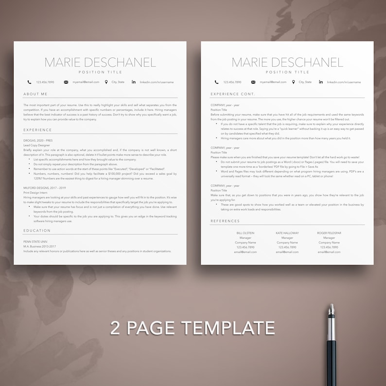 May include: A two-page resume template with a modern design. The resume is for Marie Deschanel and includes sections for about me, experience, education, and references. The template is designed to be easily customized and includes a 2-page template note at the bottom.