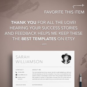 May include: A resume template with the name "Sarah Williamson" at the top. The resume includes sections for contact information, an "About Me" section, education, and experience. The image also includes the text "Favorite This Item" and a thank you message.