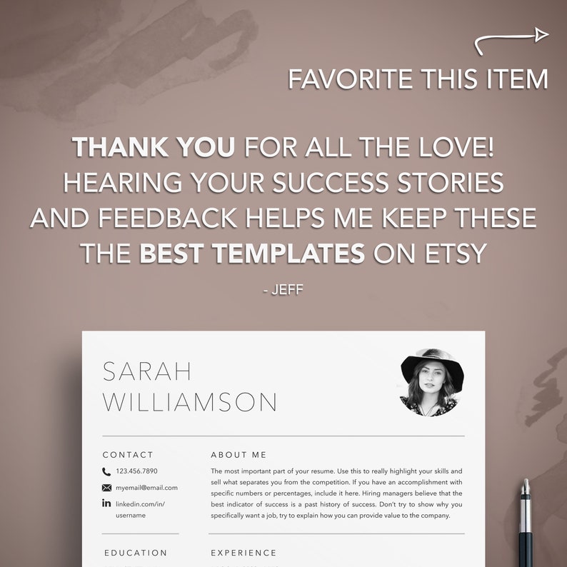 May include: A resume template with the name "Sarah Williamson" at the top. The resume includes sections for contact information, an "About Me" section, education, and experience. The image also includes the text "Favorite This Item" and a thank you message.