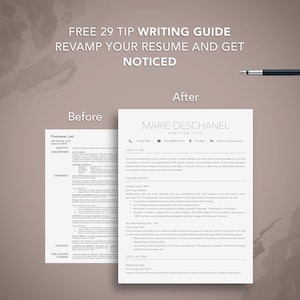May include: A before and after comparison of two resumes. The "Before" resume is a traditional format with a lot of text. The "After" resume is more modern and visually appealing, with a clear and concise layout. The text "FREE 29 TIP WRITING GUIDE REVAMP YOUR RESUME AND GET NOTICED" is at the top of the image.
