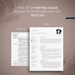 May include: A before-and-after comparison of a resume. The "Before" resume is on the left, and the revised "After" resume is on the right. The "After" resume is clean and modern, with a photo and clear sections. Text at the top reads "FREE 29 TIP WRITING GUIDE REVAMP YOUR RESUME AND GET NOTICED."