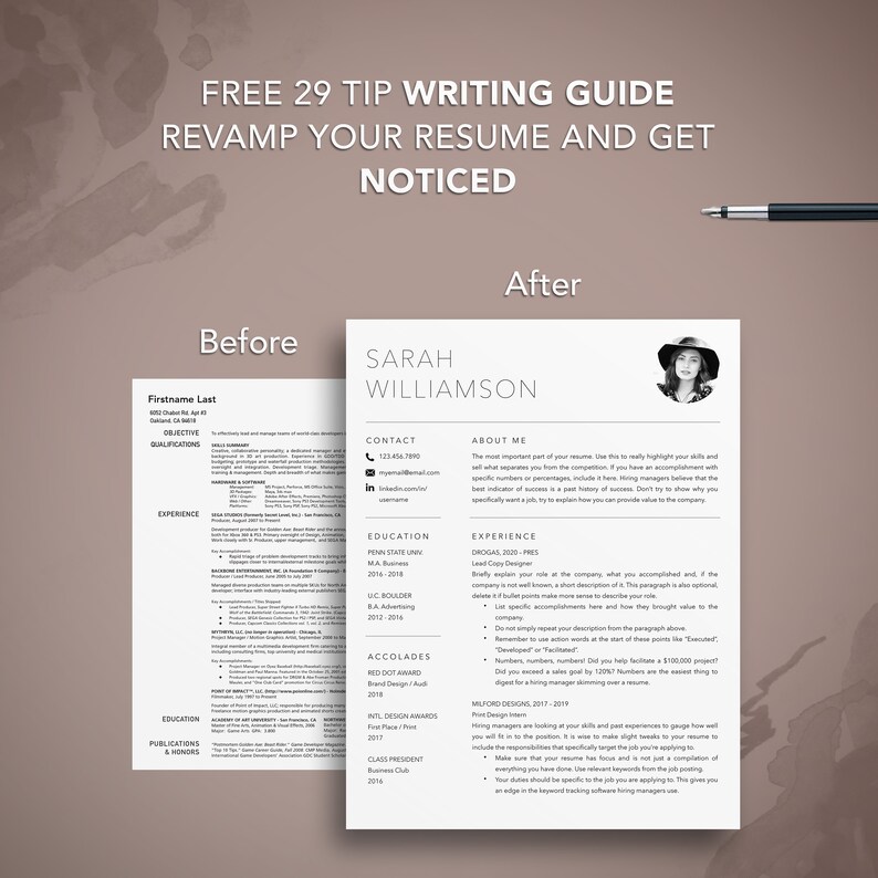 May include: A before-and-after comparison of a resume. The "Before" resume is on the left, and the revised "After" resume is on the right. The "After" resume is clean and modern, with a photo and clear sections. Text at the top reads "FREE 29 TIP WRITING GUIDE REVAMP YOUR RESUME AND GET NOTICED."