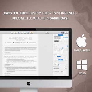 May include: A computer screen displaying a resume template with the text "EASY TO EDIT! SIMPLY COPY IN YOUR INFO. UPLOAD TO JOB SITES SAME DAY!"  The screen also shows a menu bar with options like "Insert", "Table", "Chart", "Text", "Shape", "Media", and "Comment".