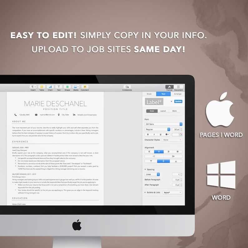 May include: A computer screen displaying a resume template with the text "EASY TO EDIT! SIMPLY COPY IN YOUR INFO. UPLOAD TO JOB SITES SAME DAY!"  The screen also shows a menu bar with options like "Insert", "Table", "Chart", "Text", "Shape", "Media", and "Comment".