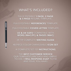 May include: A black and silver pen is positioned on the left side of a beige background. Text lists the contents of a resume template package, including resume templates, a references template, a cover letter template, and a writing guide.