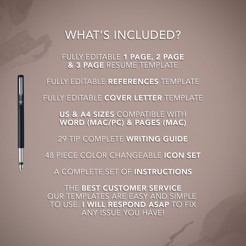 May include: A black and silver pen is positioned on the left side of a beige background. Text lists the contents of a resume template package, including resume templates, a references template, a cover letter template, and a writing guide.