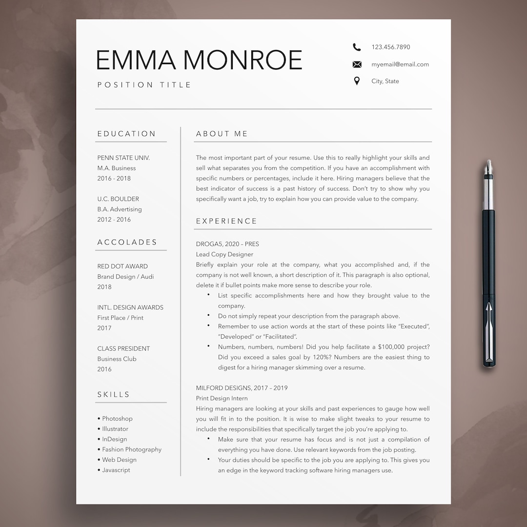 Creative Resume Template: Modern CV + Cover Letter (digital Download ...