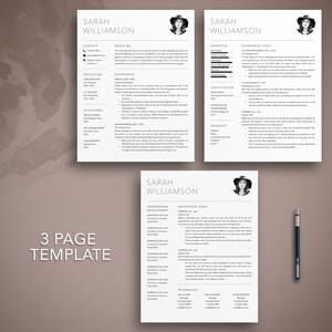 May include: A three-page resume template with the name "SARAH WILLIAMSON" at the top of each page. The template includes sections for contact information, education, experience, and skills. A black pen rests on the bottom right corner.