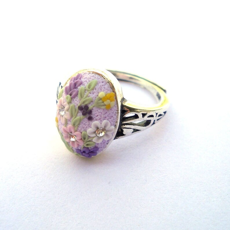 Art Deko Ring Sterling Silver Ring Polymer Clay Jewelry Clay Embroidery Light Purple Ring Polymer Clay Ring Floral Ring