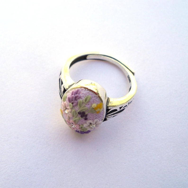 Art Deko Ring Sterling Silver Ring Polymer Clay Jewelry Clay Embroidery Light Purple Ring Polymer Clay Ring Floral Ring