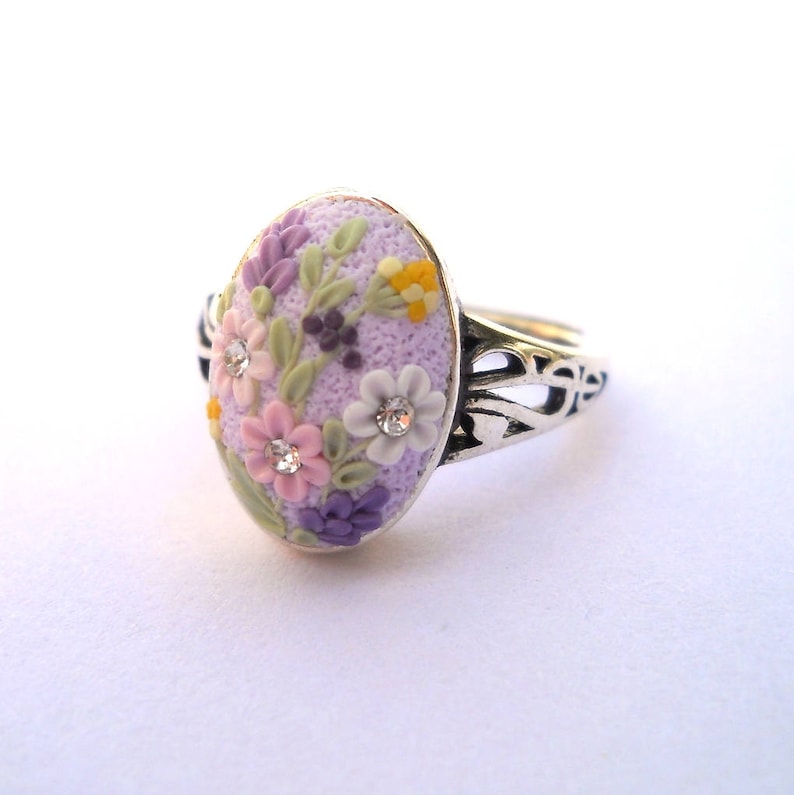 Art Deko Ring Sterling Silver Ring Polymer Clay Jewelry Clay Embroidery Light Purple Ring Polymer Clay Ring Floral Ring