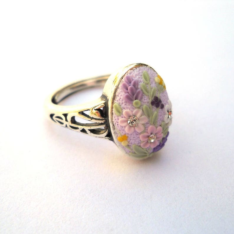Art Deko Ring Sterling Silver Ring Polymer Clay Jewelry Clay Embroidery Light Purple Ring Polymer Clay Ring Floral Ring