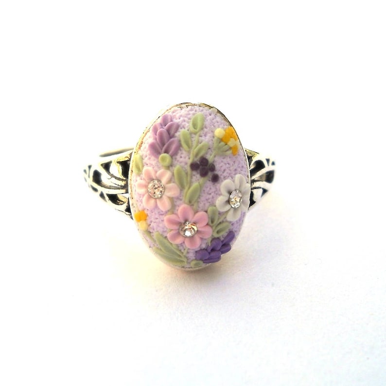 Art Deko Ring Sterling Silver Ring Polymer Clay Jewelry Clay Embroidery Light Purple Ring Polymer Clay Ring Floral Ring