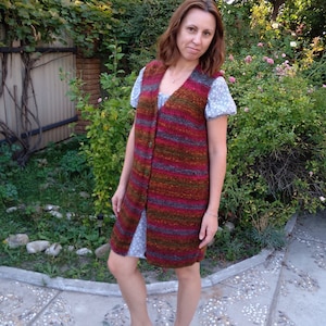 Gilet women, knitted long vest rainbow, hand knit waistcoat, color jacket, sleeveless cardigan sweater wool handmade, Ready to ship