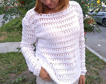 Mesh shirt, lace blouse, fishnet sweater cotton pullover, crochet open knit sweater jumper top, Ready to ship