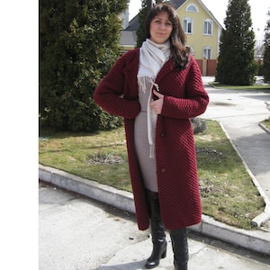 Long wool coat, cable knit cardigan red wine, warm coatigan burgundy, chunky jacket bordeaux handmade, Ready to ship