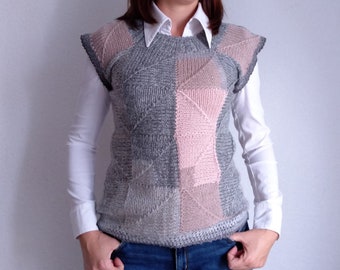 Knitted vest, patchwork wool gilet, multicolor waistcoat, geometric sleeveless sweater hand made Ready to ship