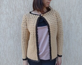 Cardigan, lace jacket crochet, elegant knit cropped sweater cotton hand made